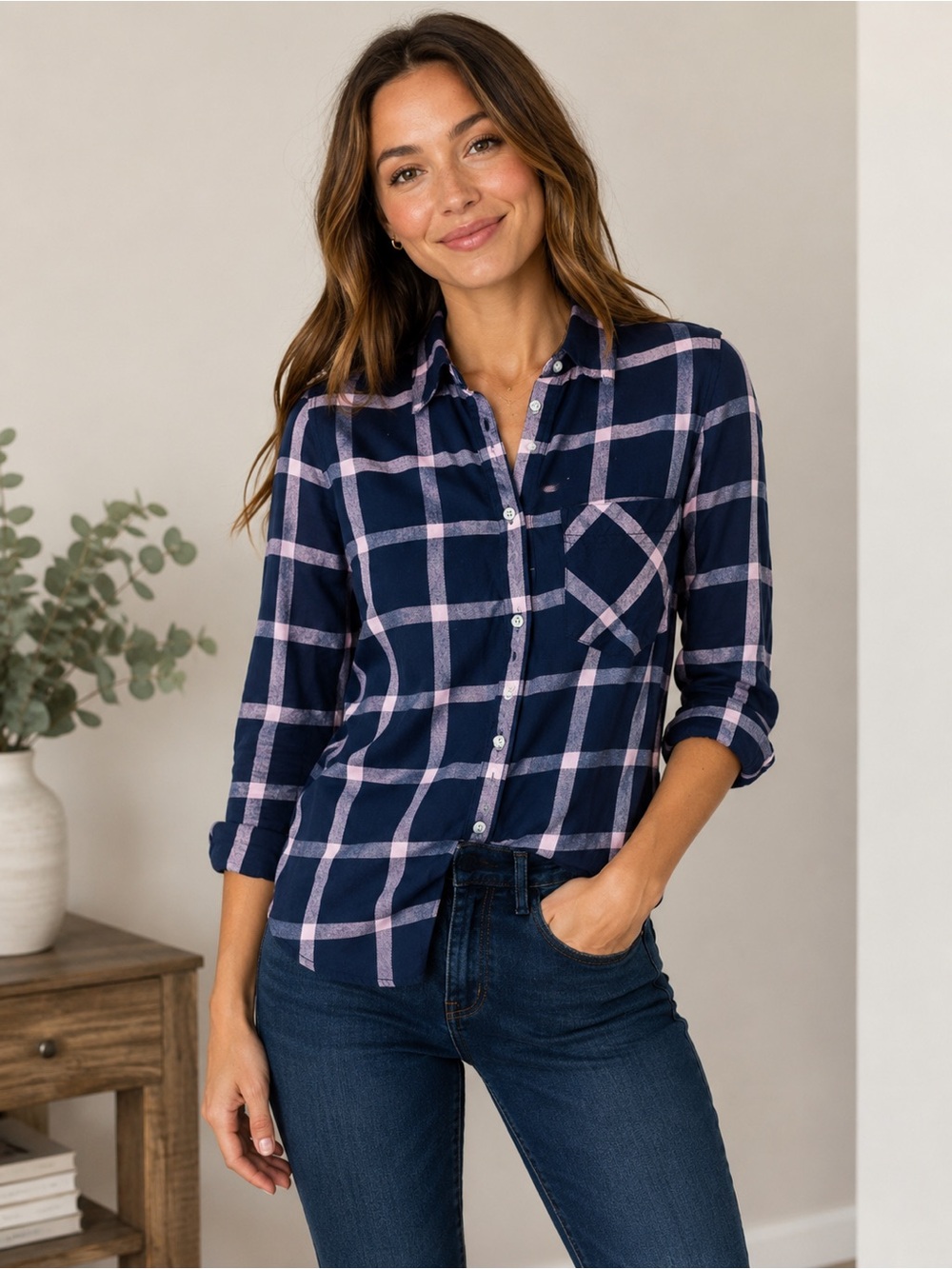 J.Crew Women’s Size 2 Navy Pink Plaid Cotton Button Down Shirt Preppy